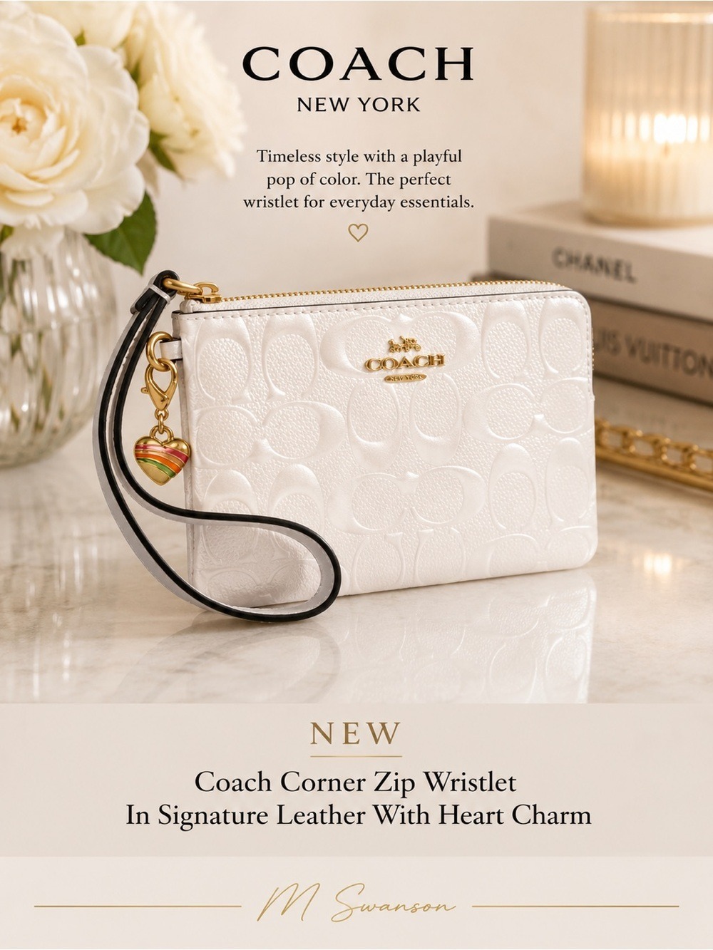 NEW Coach Corner Zip Wristlet in White Pearlized Signature Leather & Heart Charm
